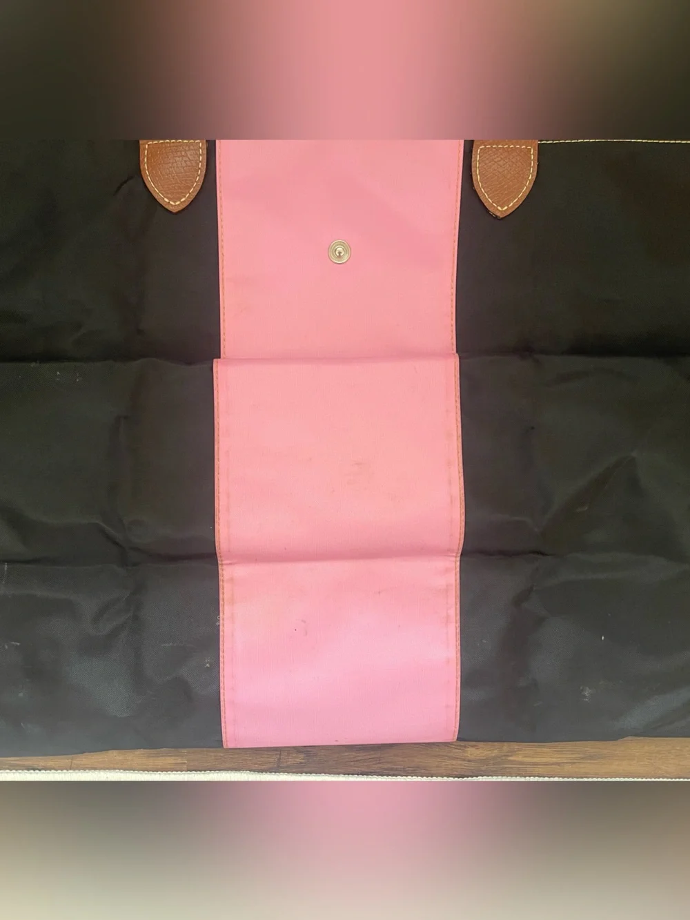 Longchamp Nylon Tote in Black with Pink Center Stripe and Brown Leather Strap